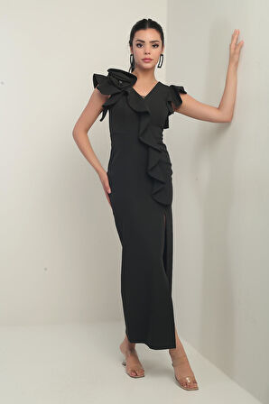 KAdın Omuzu Güllü İşlemeli Astarlı Önü Yırtmaçlı Volanlı Uzun Elbise