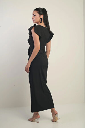 KAdın Omuzu Güllü İşlemeli Astarlı Önü Yırtmaçlı Volanlı Uzun Elbise