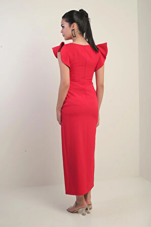 KAdın Omuzu Güllü İşlemeli Astarlı Önü Yırtmaçlı Volanlı Uzun Elbise