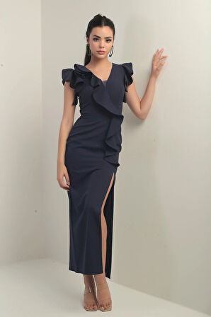 KAdın Omuzu Güllü İşlemeli Astarlı Önü Yırtmaçlı Volanlı Uzun Elbise