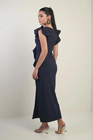 KAdın Omuzu Güllü İşlemeli Astarlı Önü Yırtmaçlı Volanlı Uzun Elbise