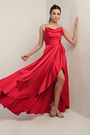 Kadın İp Askılı Arkadan Bağcıklı Astarlı Volanlı Uzun Saten Elbise