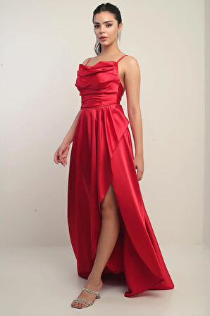 Kadın İp Askılı Arkadan Bağcıklı Astarlı Volanlı Uzun Saten Elbise