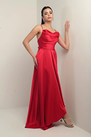 Kadın İp Askılı Arkadan Bağcıklı Astarlı Volanlı Uzun Saten Elbise