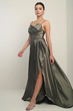 Kadın İp Askılı Arkadan Bağcıklı Astarlı Volanlı Uzun Saten Elbise