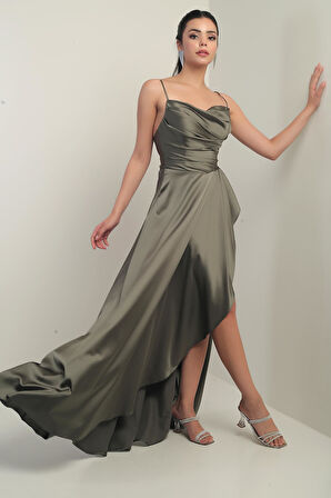 Kadın İp Askılı Arkadan Bağcıklı Astarlı Volanlı Uzun Saten Elbise