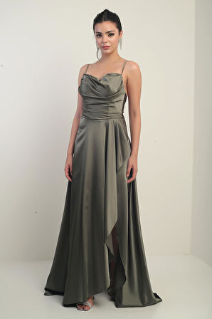 Kadın İp Askılı Arkadan Bağcıklı Astarlı Volanlı Uzun Saten Elbise