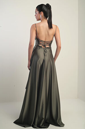 Kadın İp Askılı Arkadan Bağcıklı Astarlı Volanlı Uzun Saten Elbise