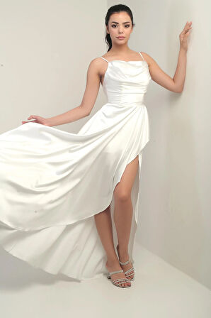 Kadın İp Askılı Arkadan Bağcıklı Astarlı Volanlı Uzun Saten Elbise