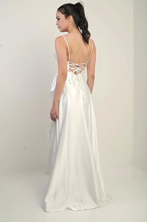 Kadın İp Askılı Arkadan Bağcıklı Astarlı Volanlı Uzun Saten Elbise