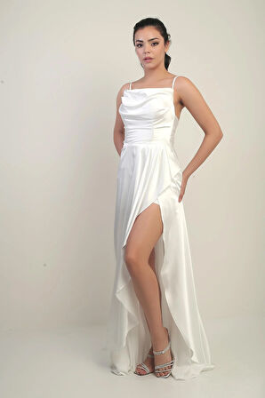 Kadın İp Askılı Arkadan Bağcıklı Astarlı Volanlı Uzun Saten Elbise