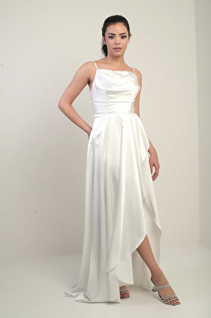 Kadın İp Askılı Arkadan Bağcıklı Astarlı Volanlı Uzun Saten Elbise