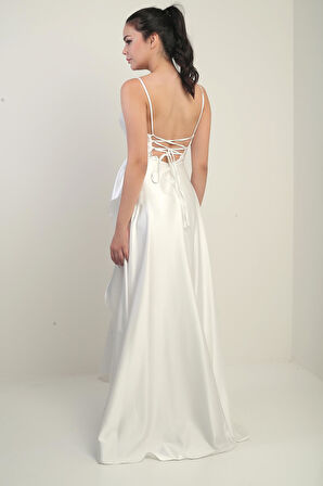 Kadın İp Askılı Arkadan Bağcıklı Astarlı Volanlı Uzun Saten Elbise