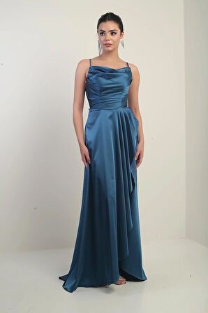 Kadın İp Askılı Arkadan Bağcıklı Astarlı Volanlı Uzun Saten Elbise