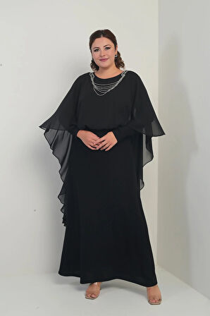 Kadın Üstü Zincirli Şifon Altı Simli Astarlı Büyük Beden Tesettür Uzun Elbise