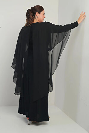 Kadın Üstü Zincirli Şifon Altı Simli Astarlı Büyük Beden Tesettür Uzun Elbise