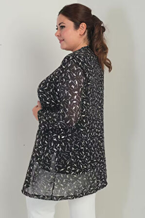 Kadın Uzun Kollu Likralı Bluz Yaldızlı Yaprak Baskılı Şifon Ceket Büyük Beden 2'li Takım