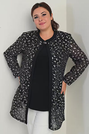 Kadın Uzun Kollu Likralı Bluz Yaldızlı Yaprak Baskılı Şifon Ceket Büyük Beden 2'li Takım