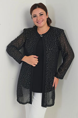 Kadın Uzun Kollu Likralı Bluz Yaldızlı Benek Baskılı Şifon Ceket Büyük Beden 2'li Takım