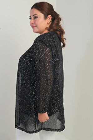 Kadın Uzun Kollu Likralı Bluz Yaldızlı Benek Baskılı Şifon Ceket Büyük Beden 2'li Takım