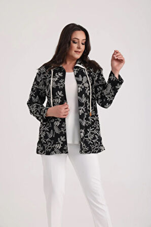 Kadın Kolsuz Likralı Bluz Torba Cepli Yaprak İşlemeli Ceket Büyük Beden 2'li Takım