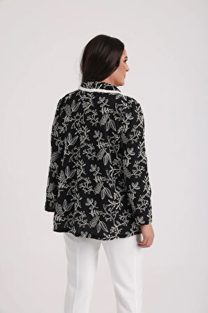 Kadın Kolsuz Likralı Bluz Torba Cepli Yaprak İşlemeli Ceket Büyük Beden 2'li Takım