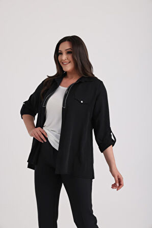 Kadın Kolsuz Likralı Bluz Kol Katlamalı Patları Pullu İşlemeli Ceket Büyük Beden 2'li Takım