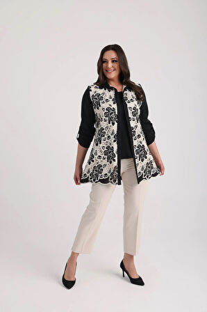 Kadın Kolsuz Likralı Bluz Kol Katlamalı Dantelli Ceket Büyük Beden 2'li Takım