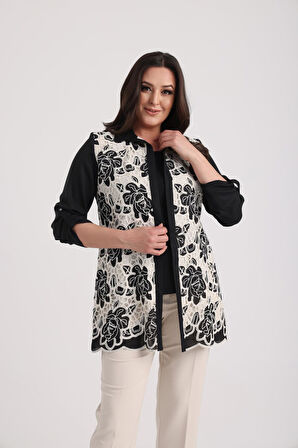 Kadın Kolsuz Likralı Bluz Kol Katlamalı Dantelli Ceket Büyük Beden 2'li Takım