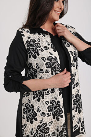 Kadın Kolsuz Likralı Bluz Kol Katlamalı Dantelli Ceket Büyük Beden 2'li Takım