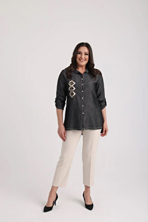 Kadın Önü Nakışlı Aplikeli D Tokalı Büyük Beden Lyocell Gömlek