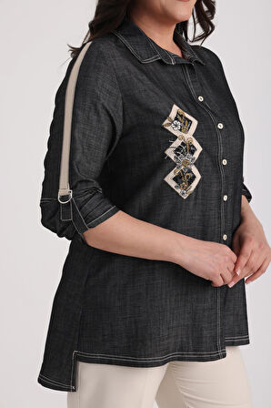 Kadın Önü Nakışlı Aplikeli D Tokalı Büyük Beden Lyocell Gömlek