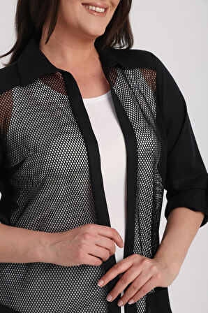 Kadın Kolsuz Likralı Bluz Kol Katlamalı Fileli Ceket Büyük Beden 2'li Takım