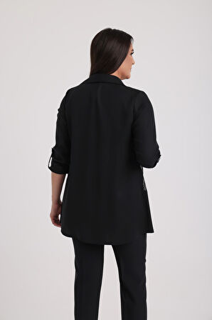 Kadın Kolsuz Likralı Bluz Kol Katlamalı Fileli Ceket Büyük Beden 2'li Takım