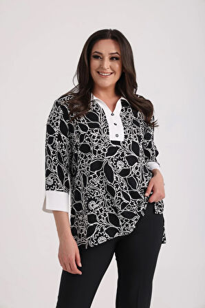 Kadın Patlı Yakalı Etnik Desen Büyük Beden Bluz
