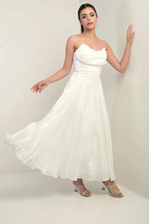 Kadın Degaje Straplez Yaka Astarlı Organze Saten Midi Elbise