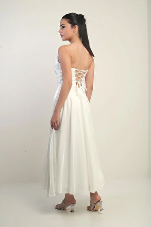 Kadın Degaje Straplez Yaka Astarlı Organze Saten Midi Elbise