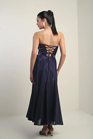 Kadın Degaje Straplez Yaka Astarlı Organze Saten Midi Elbise