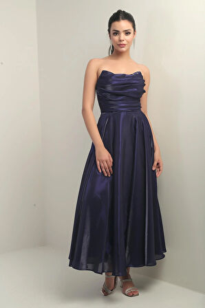 Kadın Degaje Straplez Yaka Astarlı Organze Saten Midi Elbise