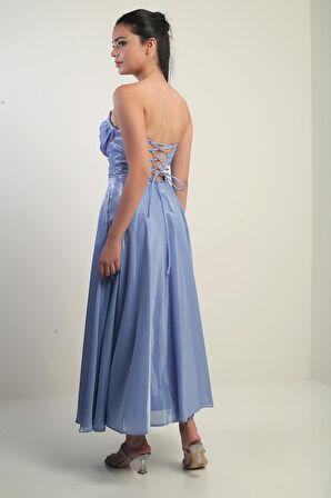 Kadın Degaje Straplez Yaka Astarlı Organze Saten Midi Elbise