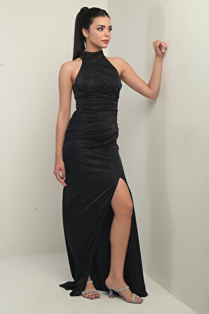 Kadın Boyunlu Önü Büzgülü Simli Astarlı Elbise