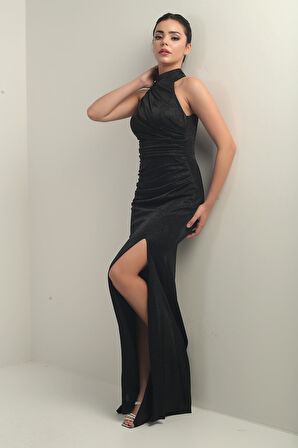 Kadın Boyunlu Önü Büzgülü Simli Astarlı Elbise