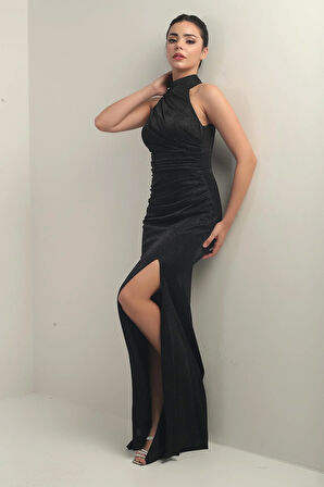 Kadın Boyunlu Önü Büzgülü Simli Astarlı Elbise