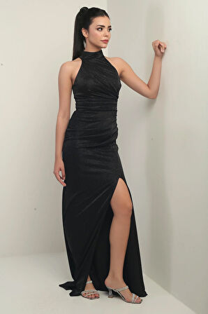 Kadın Boyunlu Önü Büzgülü Simli Astarlı Elbise