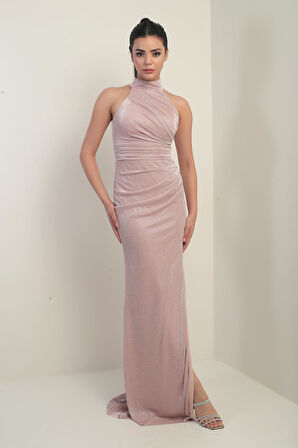 Kadın Boyunlu Önü Büzgülü Simli Astarlı Elbise