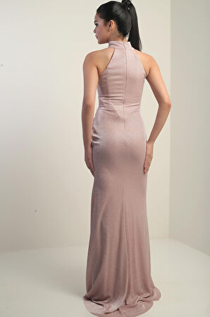 Kadın Boyunlu Önü Büzgülü Simli Astarlı Elbise