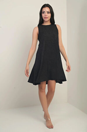 Kadın Yuvarlak Yaka Karışık Desen Kordeneli Kısa Elbise