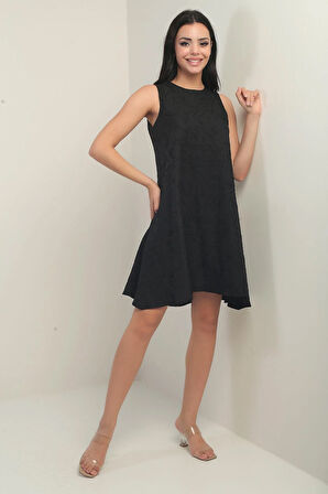 Kadın Yuvarlak Yaka Karışık Desen Kordeneli Kısa Elbise