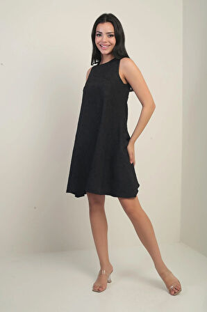 Kadın Yuvarlak Yaka Karışık Desen Kordeneli Kısa Elbise