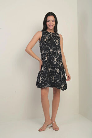Kadın Yuvarlak Yaka Çiçek Desenli Kordeneli Kısa Elbise